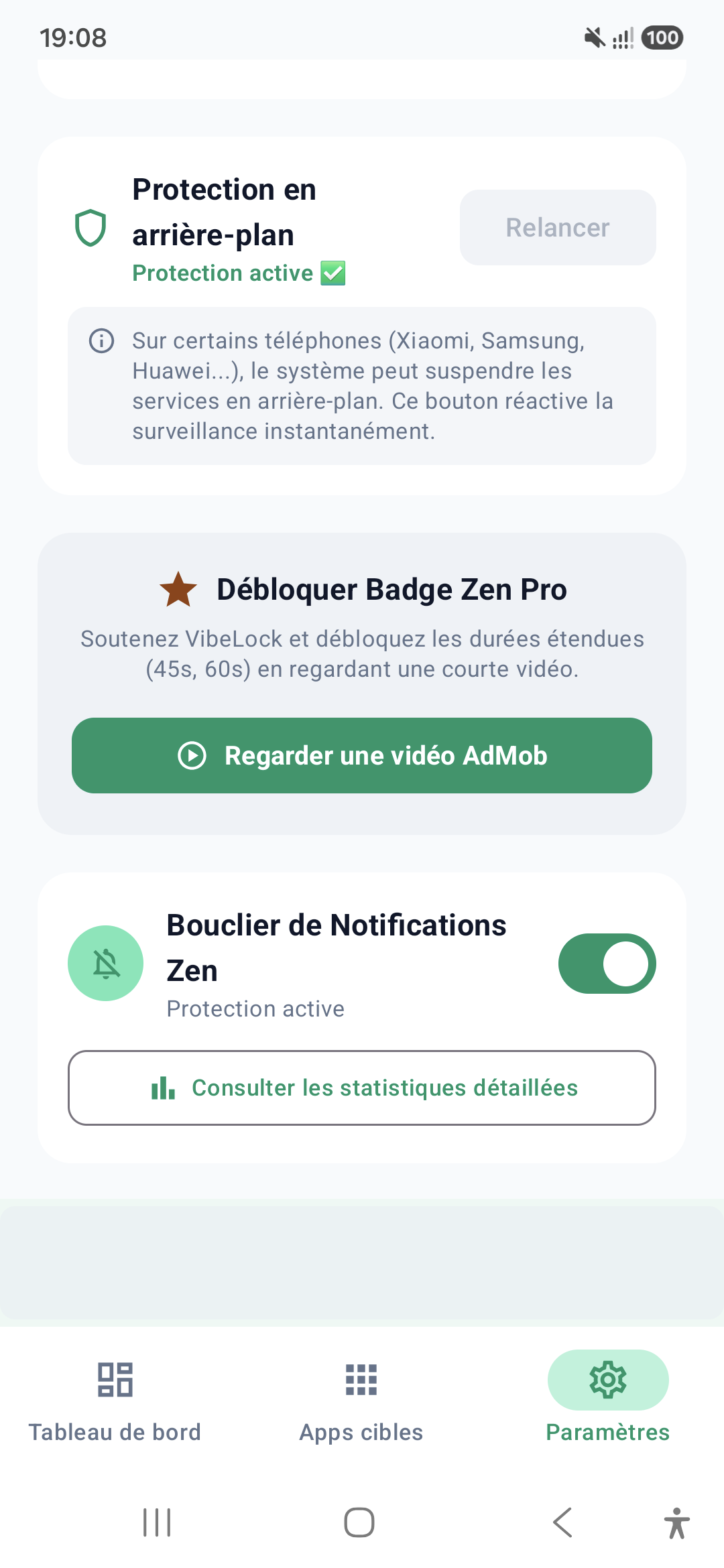 Paramètres Zen Pro VibeLock